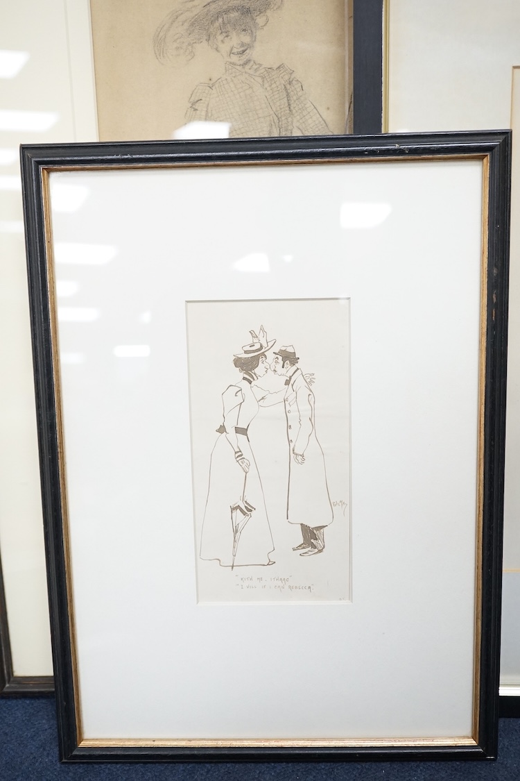 Phil May (1864-1903), four monochrome ink and charcoal figural cartoons and caricatures to include ‘Garn’, each is signed, some with inscriptions, largest 36 x 25cm. Condition - fair
